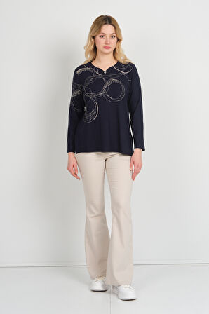 Detay Triko Kadın Uzun Kollu Simli Desenli V Yaka Anne Bluz 5743 Lacivert