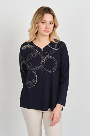 Detay Triko Kadın Uzun Kollu Simli Desenli V Yaka Anne Bluz 5743 Lacivert