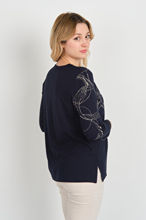 Detay Triko Kadın Uzun Kollu Simli Desenli V Yaka Anne Bluz 5743 Lacivert