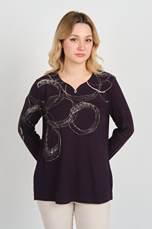 Detay Triko Kadın Uzun Kollu Simli Desenli V Yaka Anne Bluz 5743 Mürdüm