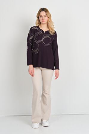 Detay Triko Kadın Uzun Kollu Simli Desenli V Yaka Anne Bluz 5743 Mürdüm