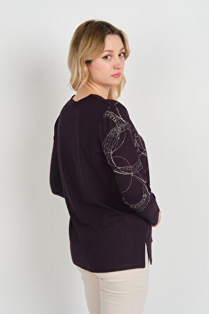 Detay Triko Kadın Uzun Kollu Simli Desenli V Yaka Anne Bluz 5743 Mürdüm