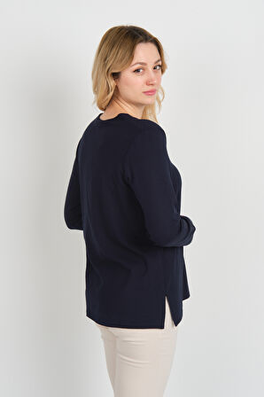 Detay Triko Kadın V Yaka ve Yakası Metal Aksesuarlı Uzun Kol Anne Bluz 5713 Lacivert