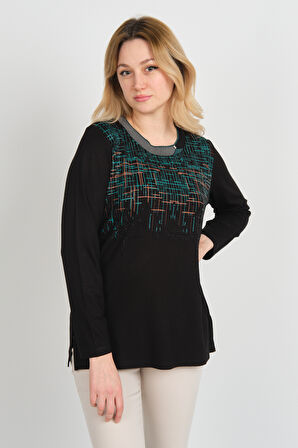 Detay Triko Kadın Taş Detaylı Desenli Yanları Yırtmaçlı Uzun Kol Anne Bluz 5741 Siyah