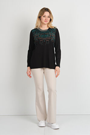 Detay Triko Kadın Taş Detaylı Desenli Yanları Yırtmaçlı Uzun Kol Anne Bluz 5741 Siyah