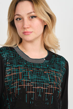 Detay Triko Kadın Taş Detaylı Desenli Yanları Yırtmaçlı Uzun Kol Anne Bluz 5741 Siyah