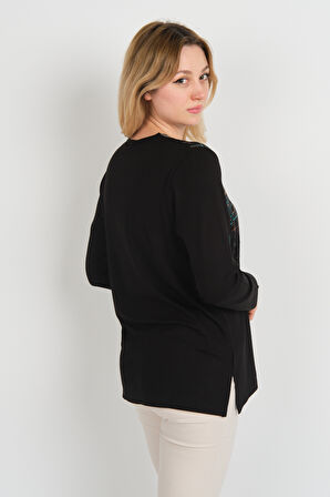 Detay Triko Kadın Taş Detaylı Desenli Yanları Yırtmaçlı Uzun Kol Anne Bluz 5741 Siyah