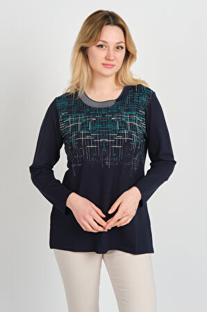 Detay Triko Kadın Taş Detaylı Desenli Yanları Yırtmaçlı Uzun Kol Anne Bluz 5741 Lacivert