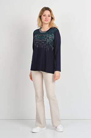 Detay Triko Kadın Taş Detaylı Desenli Yanları Yırtmaçlı Uzun Kol Anne Bluz 5741 Lacivert