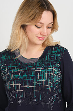 Detay Triko Kadın Taş Detaylı Desenli Yanları Yırtmaçlı Uzun Kol Anne Bluz 5741 Lacivert