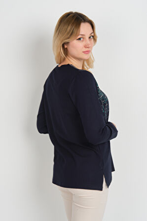 Detay Triko Kadın Taş Detaylı Desenli Yanları Yırtmaçlı Uzun Kol Anne Bluz 5741 Lacivert