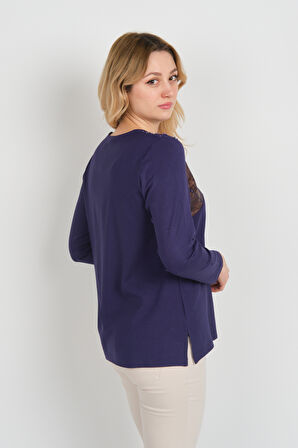 Detay Triko Kadın Boncuk İşlemeli Parlak Desenli Uzun Kol Anne Bluz 5744 Mor