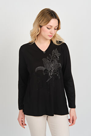 Detay Triko Kadın Önü Taş Süslemeli Yakası Boncuk Detaylı Uzun Kol Anne Bluz 5747 Siyah