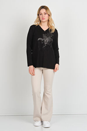 Detay Triko Kadın Önü Taş Süslemeli Yakası Boncuk Detaylı Uzun Kol Anne Bluz 5747 Siyah