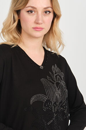 Detay Triko Kadın Önü Taş Süslemeli Yakası Boncuk Detaylı Uzun Kol Anne Bluz 5747 Siyah