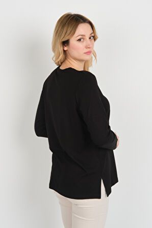 Detay Triko Kadın Önü Taş Süslemeli Yakası Boncuk Detaylı Uzun Kol Anne Bluz 5747 Siyah