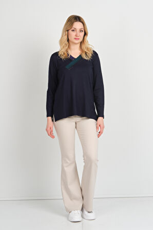 Detay Triko Kadın Yaka Detaylı Yanları Yırtmaçlı Uzun Kol Anne Bluz 5709 Lacivert