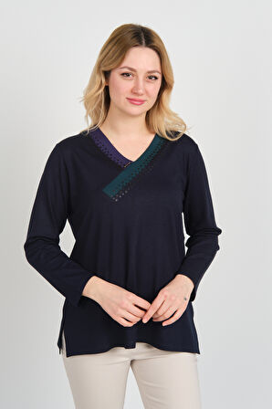 Detay Triko Kadın Yaka Detaylı Yanları Yırtmaçlı Uzun Kol Anne Bluz 5709 Lacivert
