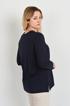 Detay Triko Kadın Yaka Detaylı Yanları Yırtmaçlı Uzun Kol Anne Bluz 5709 Lacivert