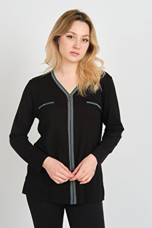 Detay Triko Kadın Süs Cepli Toka Detaylı Uzun Kol Anne Bluz 5717 Siyah