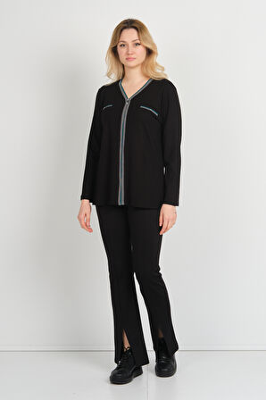 Detay Triko Kadın Süs Cepli Toka Detaylı Uzun Kol Anne Bluz 5717 Siyah