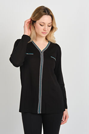 Detay Triko Kadın Süs Cepli Toka Detaylı Uzun Kol Anne Bluz 5717 Siyah