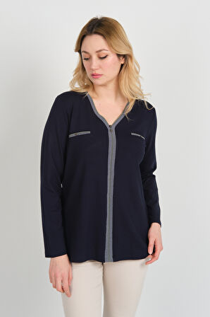 Detay Triko Kadın Süs Cepli Toka Detaylı Uzun Kol Anne Bluz 5717 Lacivert