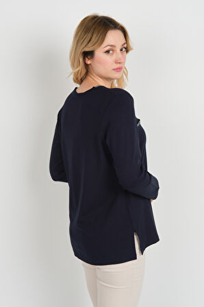 Detay Triko Kadın Süs Cepli Toka Detaylı Uzun Kol Anne Bluz 5717 Lacivert