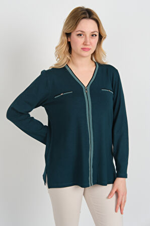 Detay Triko Kadın Süs Cepli Toka Detaylı Uzun Kol Anne Bluz 5717 Zümrüt