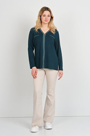 Detay Triko Kadın Süs Cepli Toka Detaylı Uzun Kol Anne Bluz 5717 Zümrüt