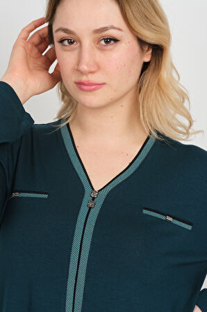 Detay Triko Kadın Süs Cepli Toka Detaylı Uzun Kol Anne Bluz 5717 Zümrüt