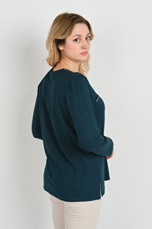 Detay Triko Kadın Süs Cepli Toka Detaylı Uzun Kol Anne Bluz 5717 Zümrüt