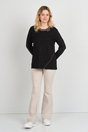 Detay Triko Kadın Yakası ve Tek Kolu Desenli Taşlı Metal Aksesuarlı Anne Bluz 5714 Siyah