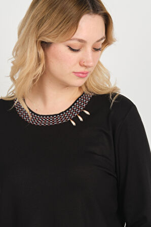 Detay Triko Kadın Yakası ve Tek Kolu Desenli Taşlı Metal Aksesuarlı Anne Bluz 5714 Siyah