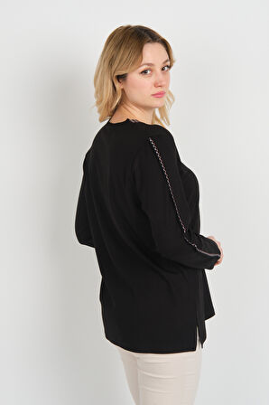 Detay Triko Kadın Yakası ve Tek Kolu Desenli Taşlı Metal Aksesuarlı Anne Bluz 5714 Siyah