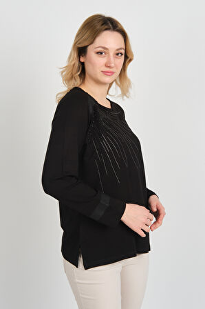 Detay Triko Kadın Taş İşlemeli Bisiklet Yaka Yanları Yırtmaçlı Anne Bluz 5750 Siyah