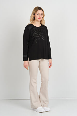 Detay Triko Kadın Taş İşlemeli Bisiklet Yaka Yanları Yırtmaçlı Anne Bluz 5750 Siyah