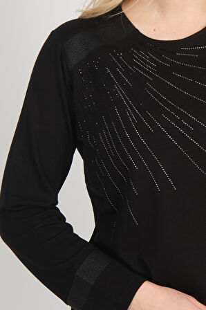 Detay Triko Kadın Taş İşlemeli Bisiklet Yaka Yanları Yırtmaçlı Anne Bluz 5750 Siyah