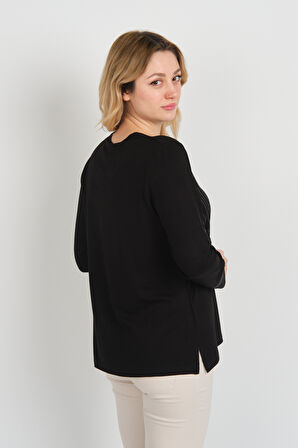 Detay Triko Kadın Taş İşlemeli Bisiklet Yaka Yanları Yırtmaçlı Anne Bluz 5750 Siyah