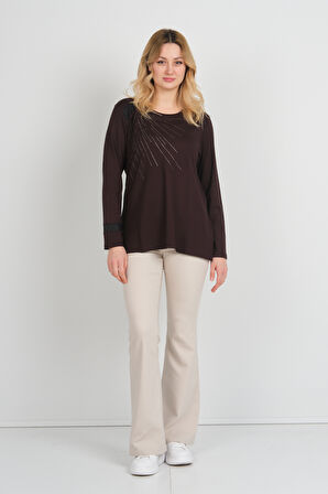 Detay Triko Kadın Taş İşlemeli Bisiklet Yaka Yanları Yırtmaçlı Anne Bluz 5750 Kahverengi