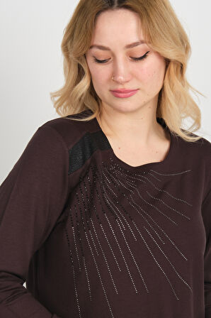 Detay Triko Kadın Taş İşlemeli Bisiklet Yaka Yanları Yırtmaçlı Anne Bluz 5750 Kahverengi