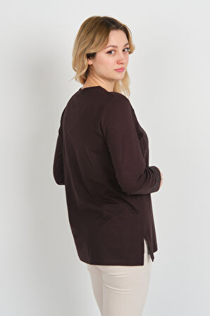 Detay Triko Kadın Taş İşlemeli Bisiklet Yaka Yanları Yırtmaçlı Anne Bluz 5750 Kahverengi