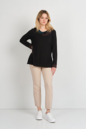 Detay Triko Kadın Boncuk Süslemeli Bisiklet Yaka Yanları Yırtmaçlı Anne Bluz 5723 Siyah