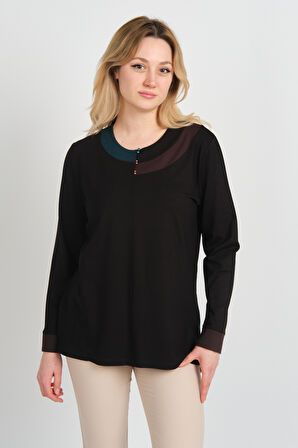 Detay Triko Kadın Boncuk Süslemeli Bisiklet Yaka Yanları Yırtmaçlı Anne Bluz 5723 Siyah