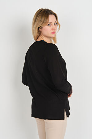 Detay Triko Kadın Boncuk Süslemeli Bisiklet Yaka Yanları Yırtmaçlı Anne Bluz 5723 Siyah