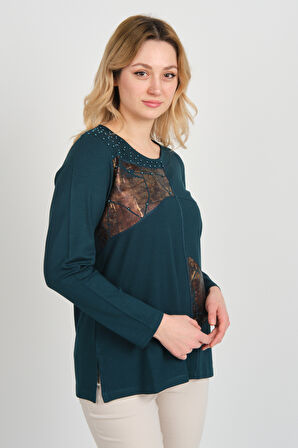Detay Triko Kadın Boncuk İşlemeli Parlak Desenli Uzun Kol Anne Bluz 5744 Zümrüt