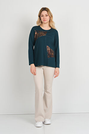 Detay Triko Kadın Boncuk İşlemeli Parlak Desenli Uzun Kol Anne Bluz 5744 Zümrüt