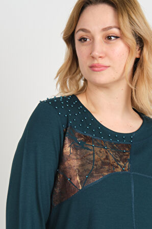 Detay Triko Kadın Boncuk İşlemeli Parlak Desenli Uzun Kol Anne Bluz 5744 Zümrüt