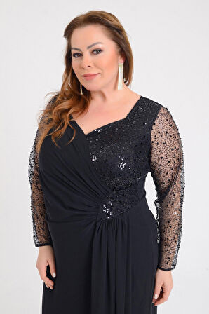 Lilas XXL Kadın Büyük Beden Şifon Uzun Abiye Elbise 9651 Siyah