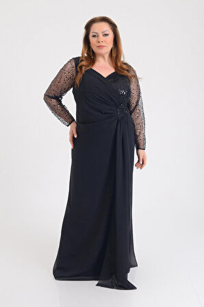 Lilas XXL Kadın Büyük Beden Şifon Uzun Abiye Elbise 9651 Siyah